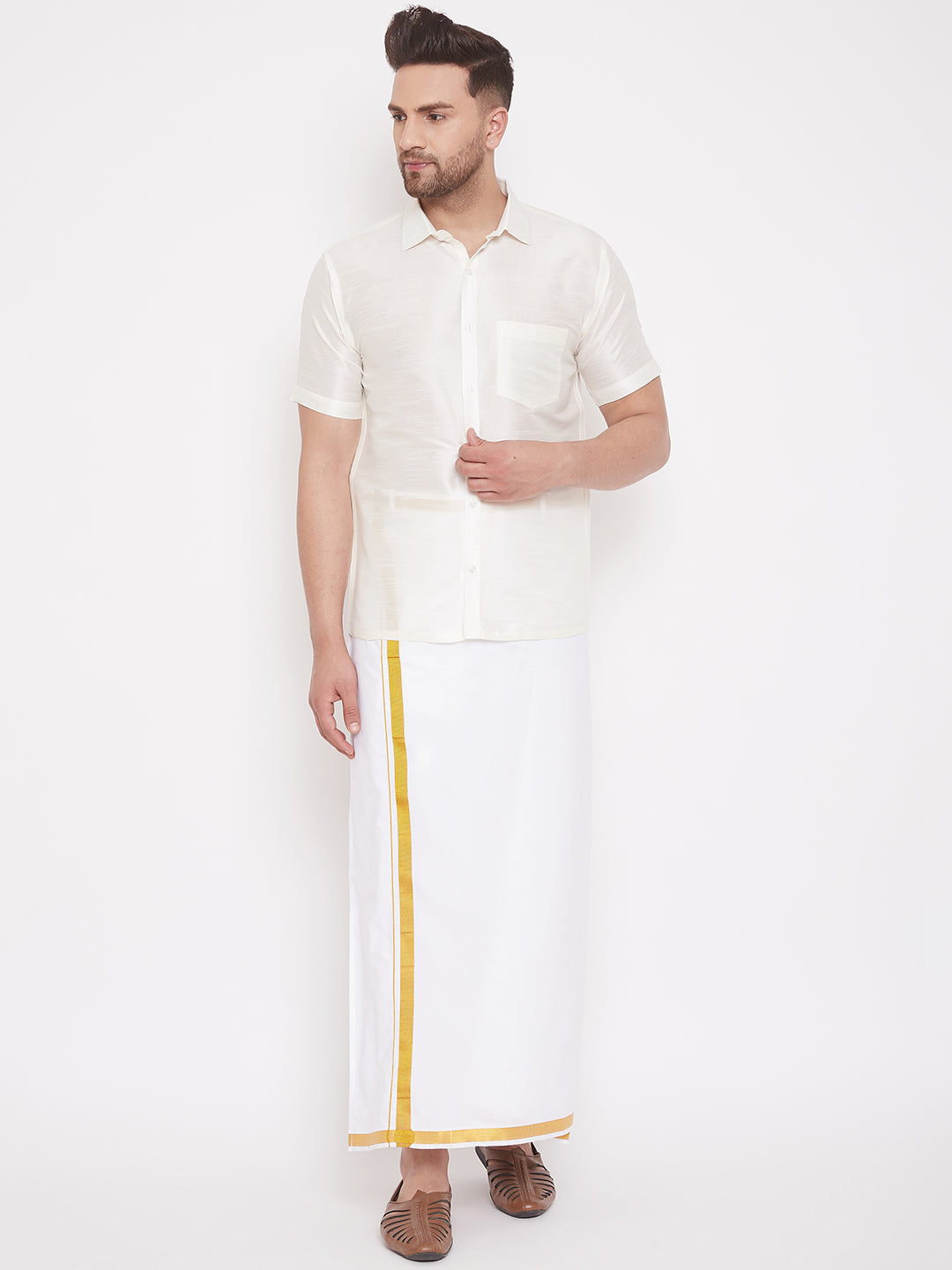 Men's Cream Silk Blend Ethnic Shirt