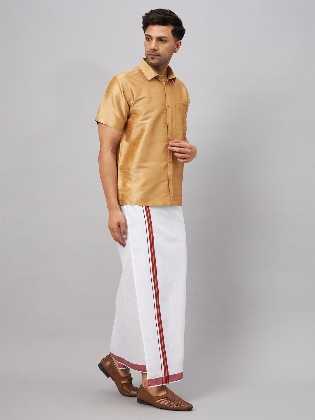 Men's Rose Gold And White Silk Blend Shirt And Mundu Set