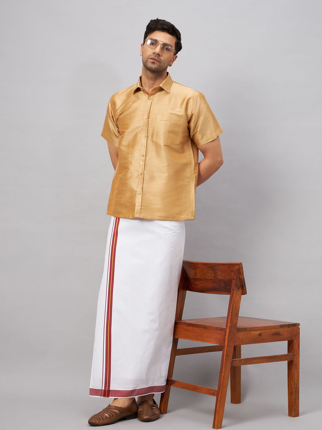 Men's Rose Gold And White Silk Blend Shirt And Mundu Set