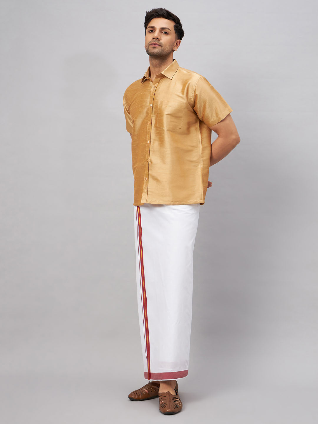 Men's Rose Gold And White Silk Blend Shirt And Mundu Set
