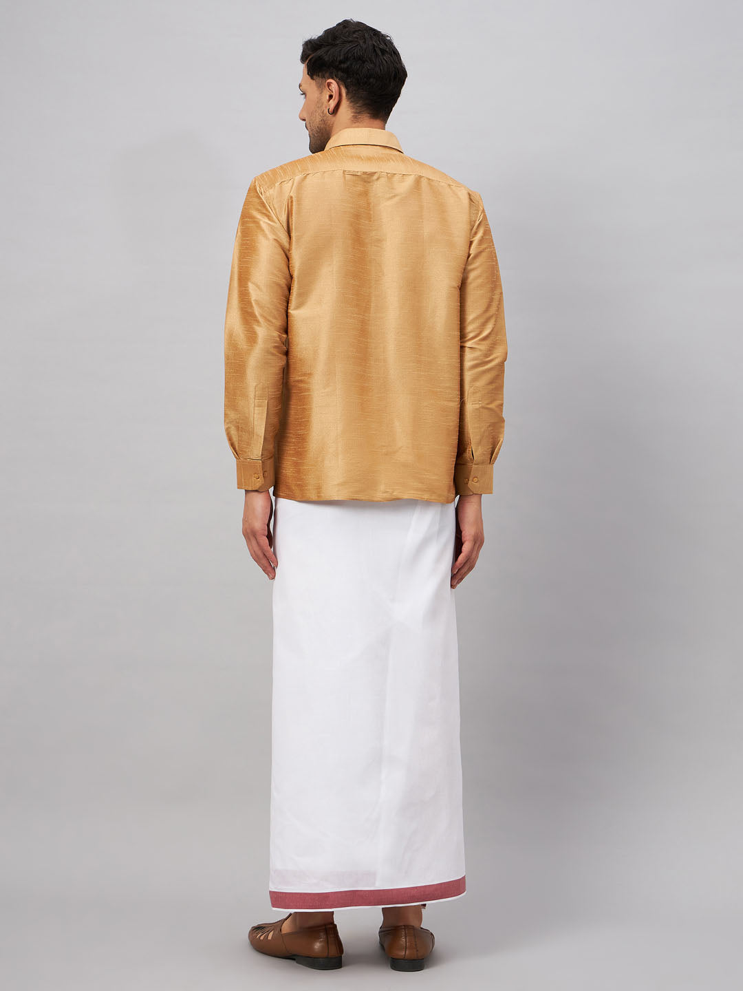 Men's Rose Gold & White Silk Blend Shirt And Mundu Set