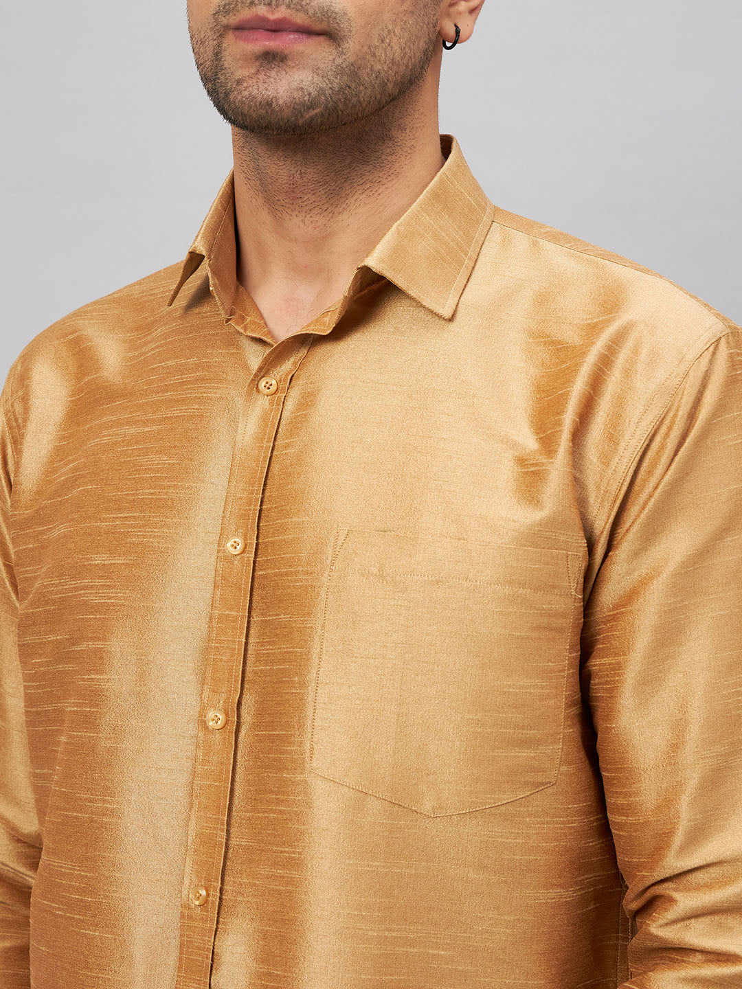 Men's Rose Gold & White Silk Blend Shirt And Mundu Set