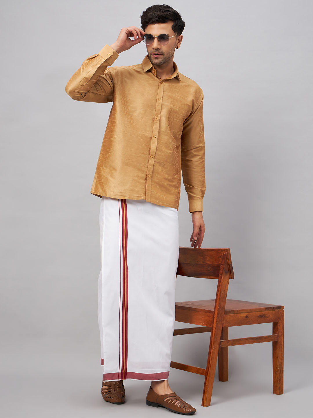 Men's Rose Gold & White Silk Blend Shirt And Mundu Set
