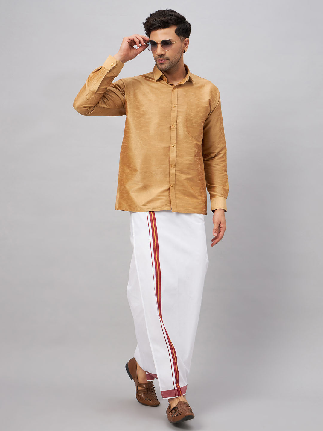 Men's Rose Gold & White Silk Blend Shirt And Mundu Set