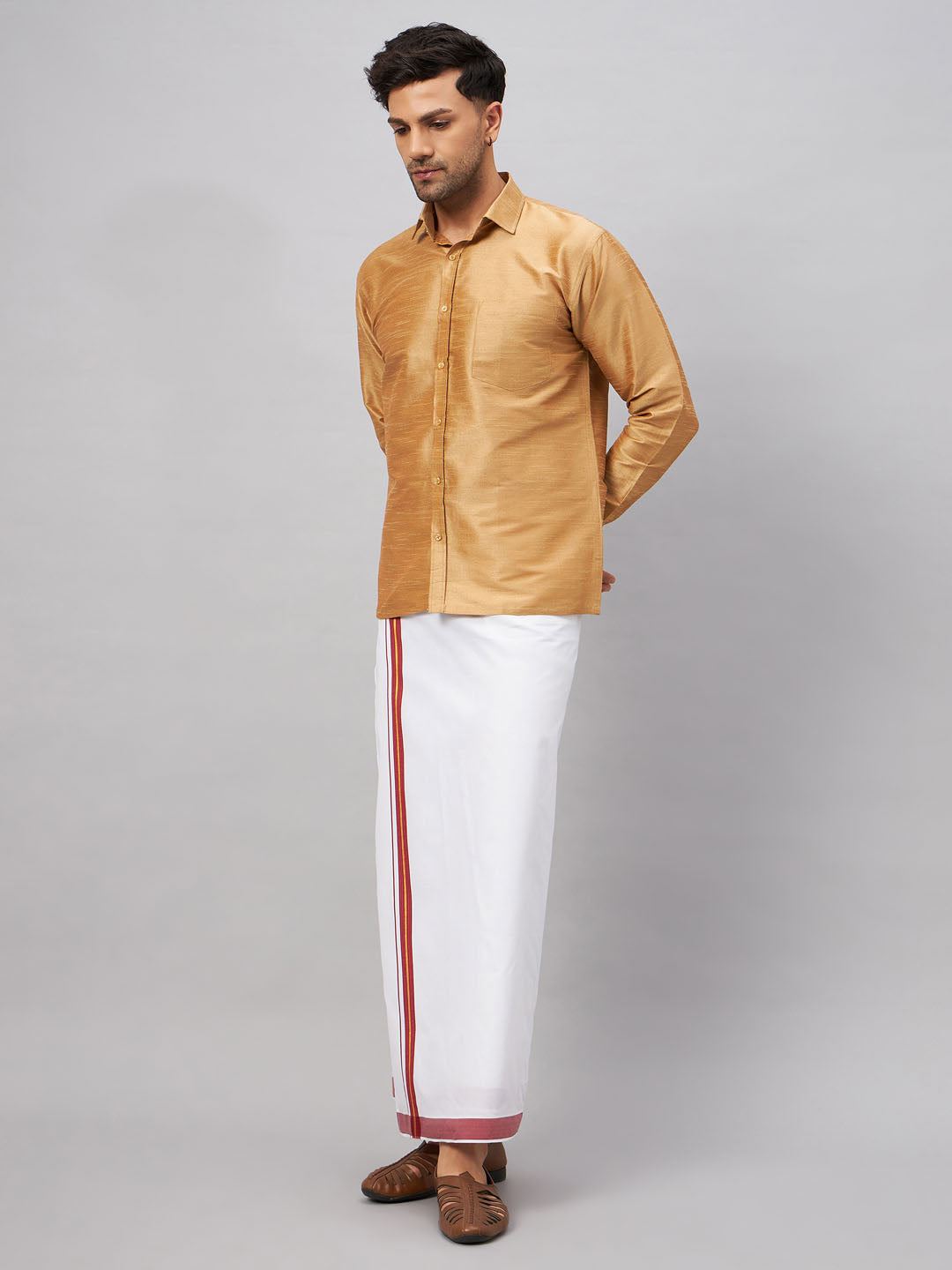 Men's Rose Gold & White Silk Blend Shirt And Mundu Set