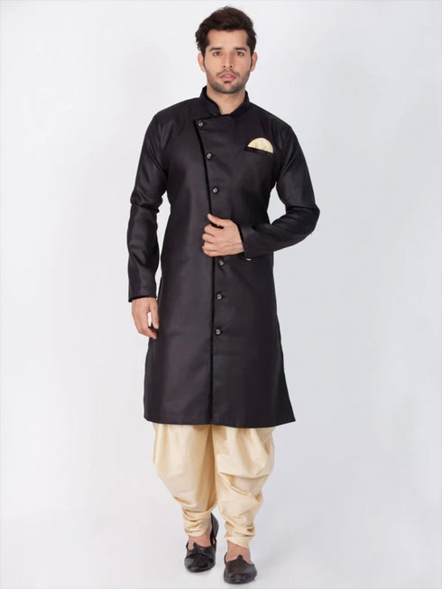 VASTRAMAY Men's Black And Gold Cotton Blend Sherwani Set