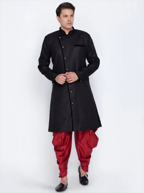 VASTRAMAY Men's Black Cotton Blend Sherwani Set