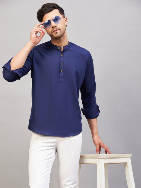 Men's Blue Short Cotton Kurta