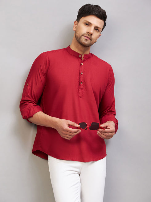 Men's Maroon Short Cotton Kurta
