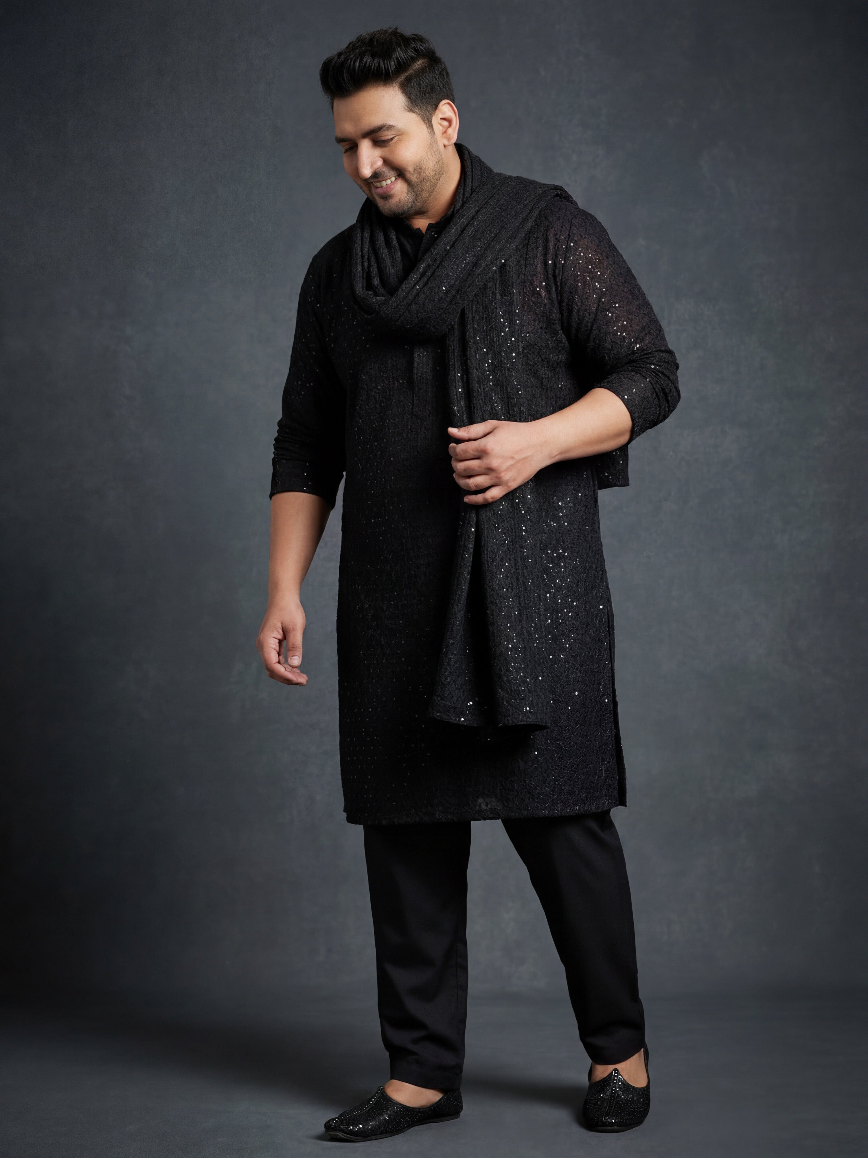 Men Black Self Design Sequin Work Undetermined Dupatta
