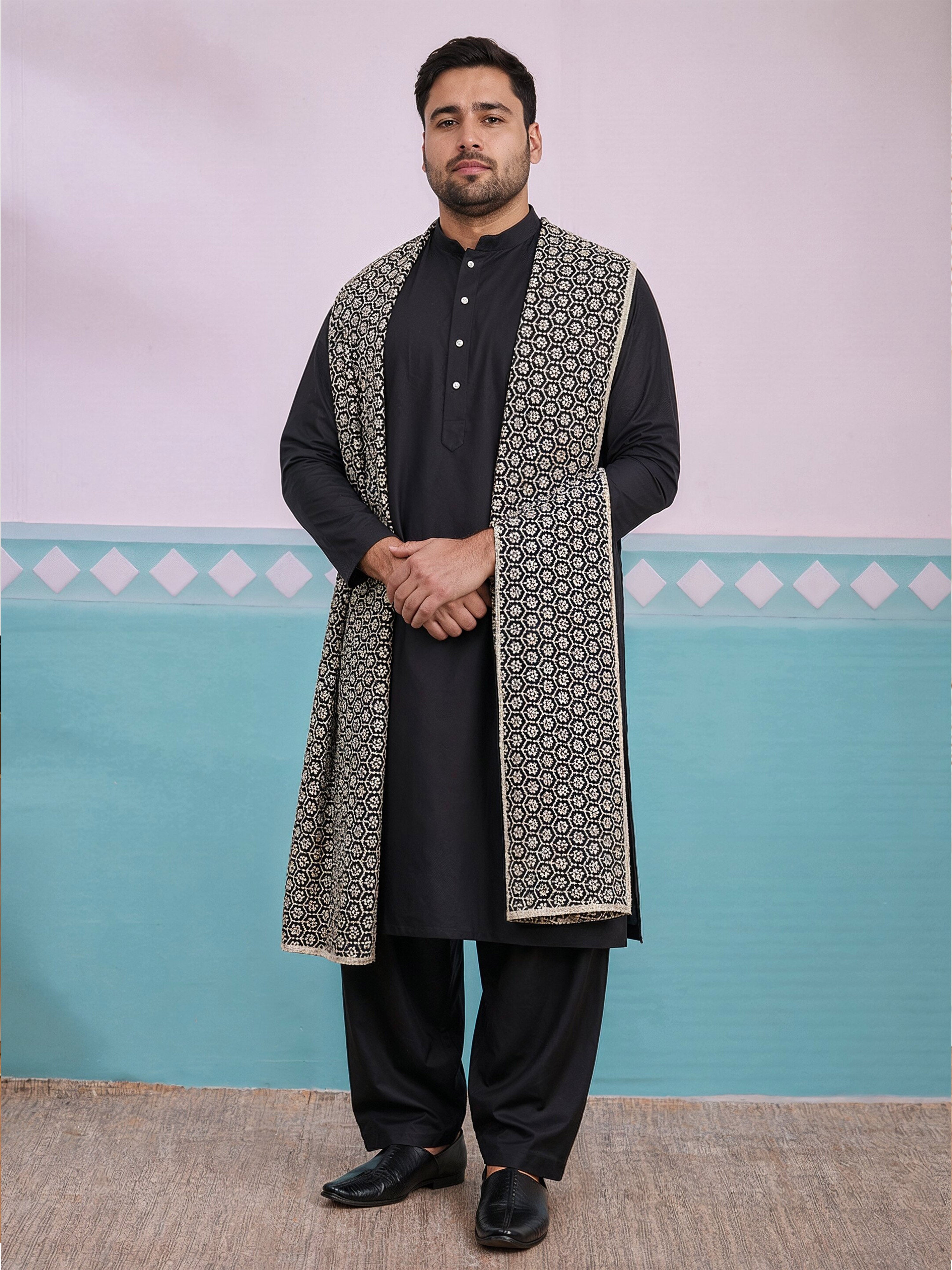 Men Black Geometric Printed Undetermined Dupatta