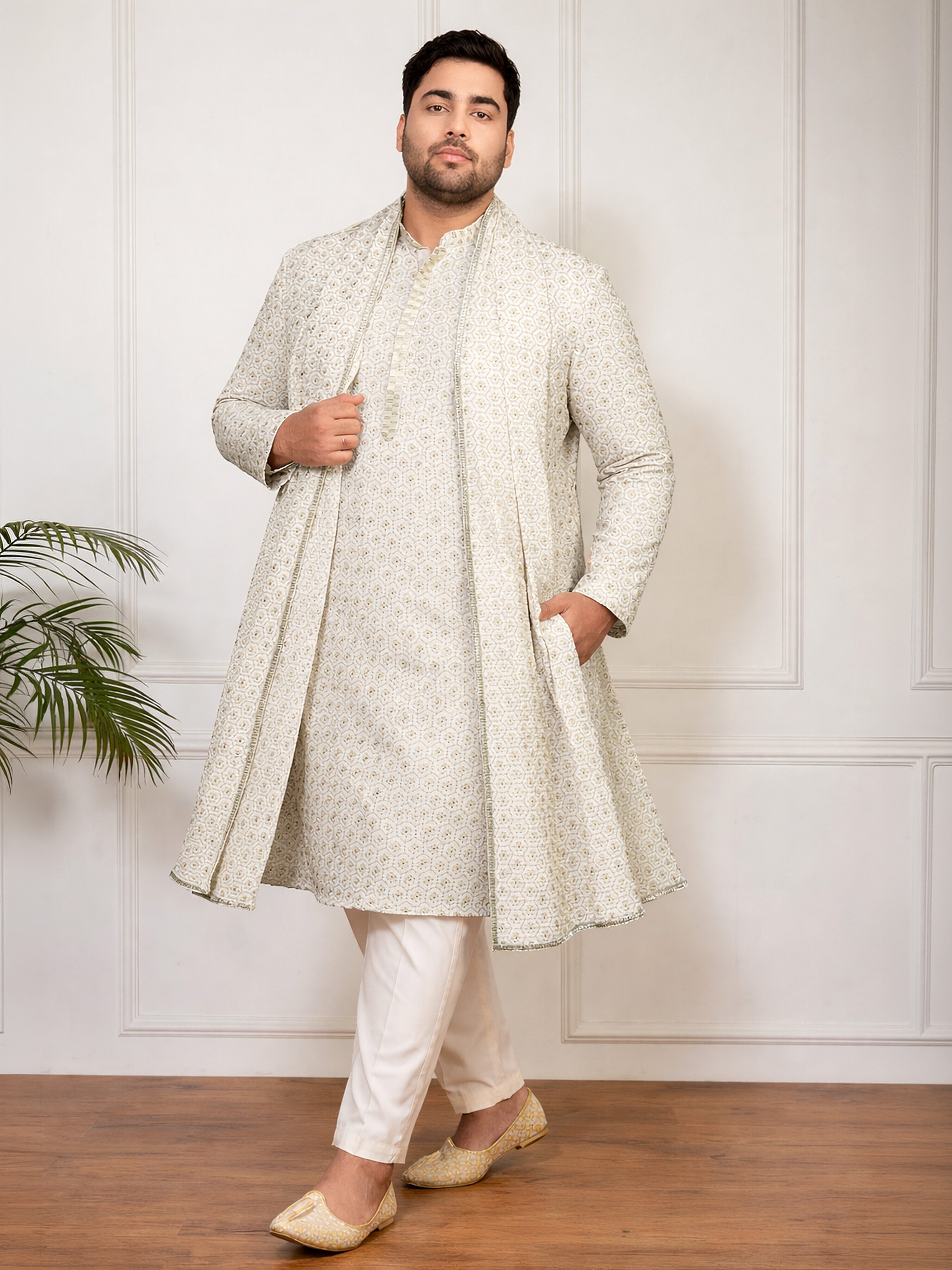 Men Cream Self Design Jacquard Weave Undetermined Dupatta