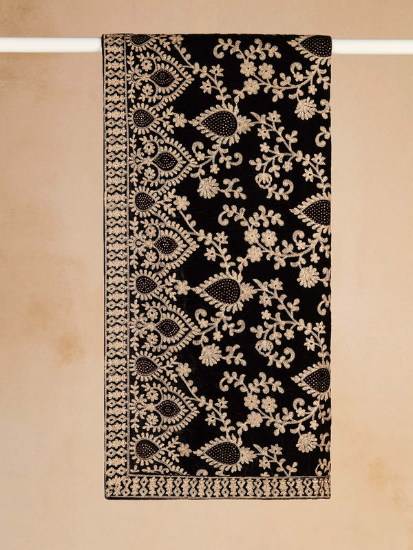 Men's Black Velvet Embroidered Dupatta with Gold Work