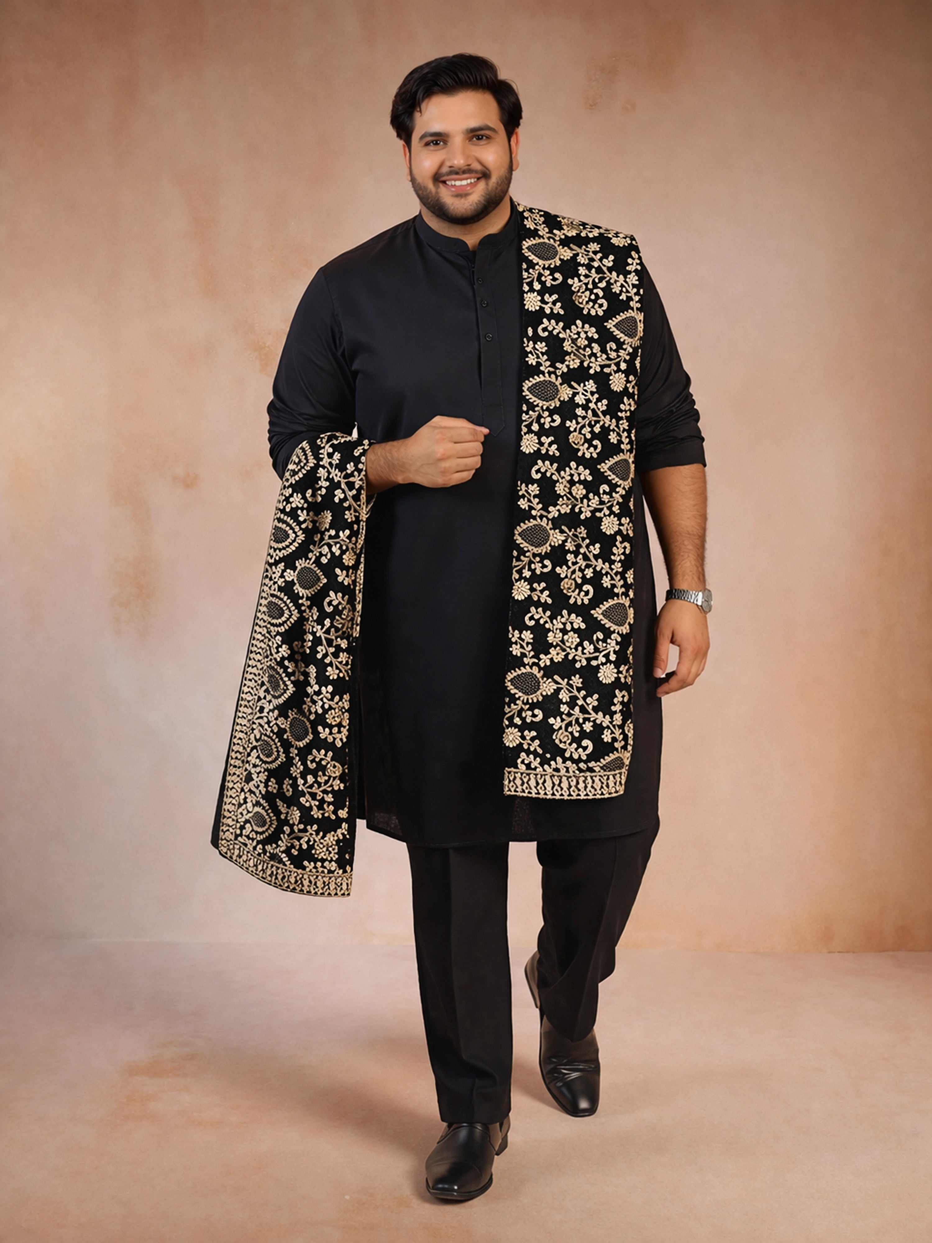 Men's Black Embroidered Dupatta