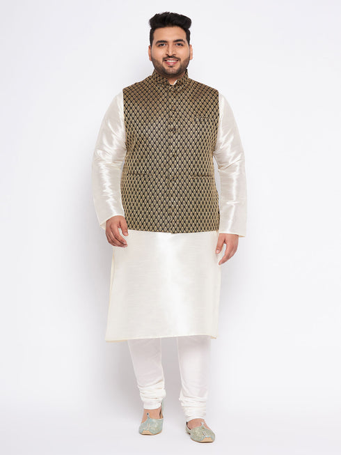 Men's Plus Size Black Ethnic Jacket With Cream Silk Blend Kurta And Pyjama Set
