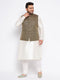 Men's Plus Size Black Ethnic Jacket With Cream Silk Blend Kurta And Pyjama Set