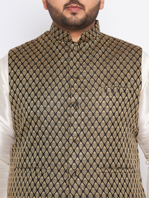 Men's Plus Size Black Ethnic Jacket With Cream Silk Blend Kurta And Pyjama Set