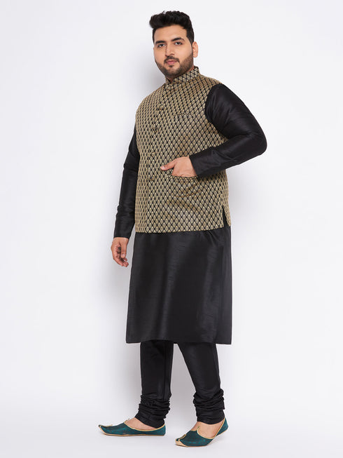Men's Plus Size Black Ethnic Jacket With Black Silk Blend Kurta And Pyjama Set