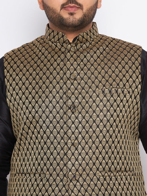 Men's Plus Size Black Ethnic Jacket With Black Silk Blend Kurta And Pyjama Set