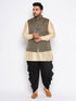 Men's Plus Size Black Ethnic Jacket With Golden Silk Blend Kurta And Black Dhoti Set