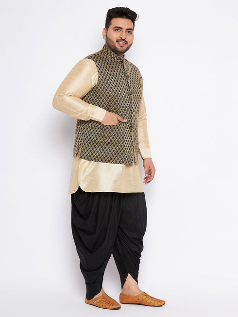 Men's Plus Size Black Ethnic Jacket With Golden Silk Blend Kurta And Black Dhoti Set