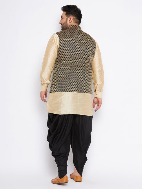 Men's Plus Size Black Ethnic Jacket With Golden Silk Blend Kurta And Black Dhoti Set