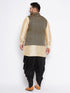 Men's Plus Size Black Ethnic Jacket With Golden Silk Blend Kurta And Black Dhoti Set