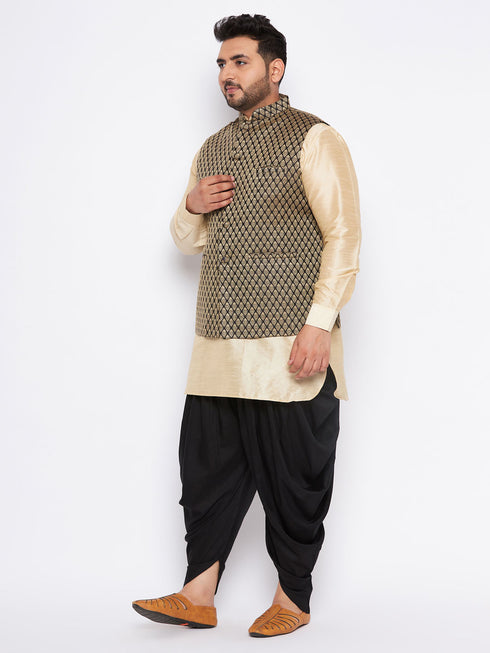 Men's Plus Size Black Ethnic Jacket With Golden Silk Blend Kurta And Black Dhoti Set