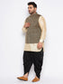 Men's Plus Size Black Ethnic Jacket With Golden Silk Blend Kurta And Black Dhoti Set