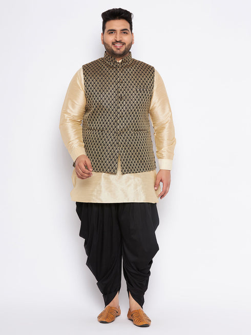 Men's Plus Size Black Ethnic Jacket With Golden Silk Blend Kurta And Black Dhoti Set