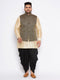 Men's Plus Size Black Ethnic Jacket With Golden Silk Blend Kurta And Black Dhoti Set