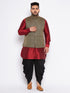 Men's Plus Size Black Ethnic Jacket With Maroon Silk Blend Kurta And Black Dhoti Set