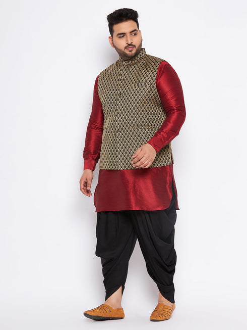Men's Plus Size Black Ethnic Jacket With Maroon Silk Blend Kurta And Black Dhoti Set