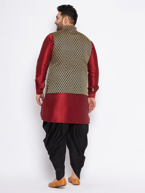 Men's Plus Size Black Ethnic Jacket With Maroon Silk Blend Kurta And Black Dhoti Set