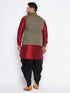 Men's Plus Size Black Ethnic Jacket With Maroon Silk Blend Kurta And Black Dhoti Set