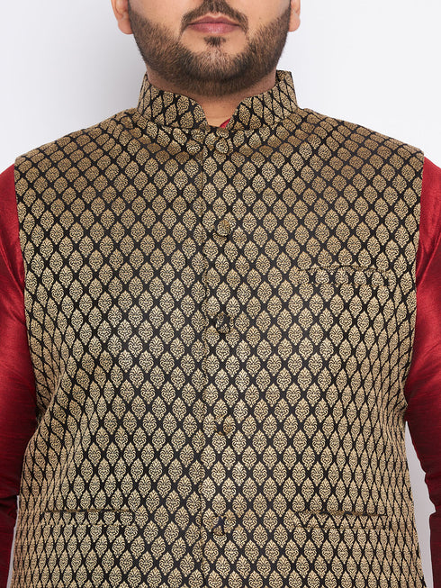 Men's Plus Size Black Ethnic Jacket With Maroon Silk Blend Kurta And Black Dhoti Set