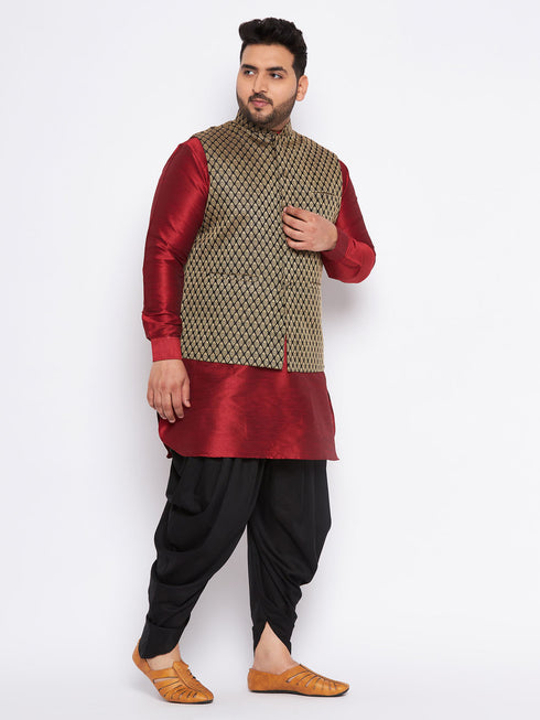 Men's Plus Size Black Ethnic Jacket With Maroon Silk Blend Kurta And Black Dhoti Set