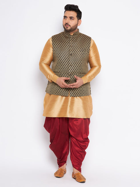 Men's Plus Size Black Ethnic Jacket With Rose Gold Silk Blend Kurta And Maroon Dhoti Set