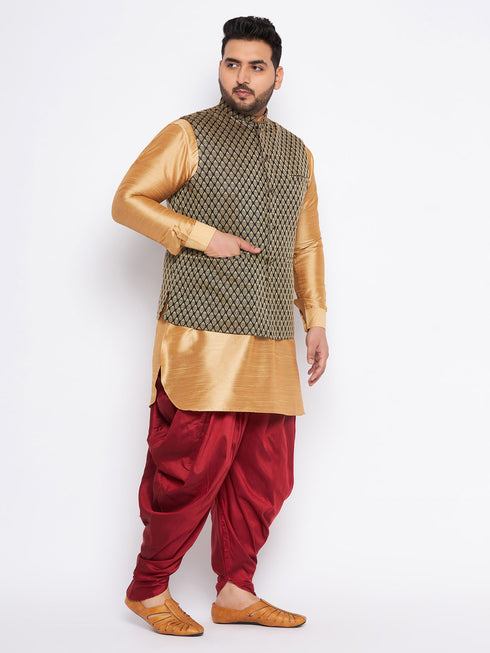 Men's Plus Size Black Ethnic Jacket With Rose Gold Silk Blend Kurta And Maroon Dhoti Set