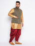Men's Plus Size Black Ethnic Jacket With Rose Gold Silk Blend Kurta And Maroon Dhoti Set