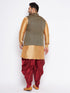 Men's Plus Size Black Ethnic Jacket With Rose Gold Silk Blend Kurta And Maroon Dhoti Set