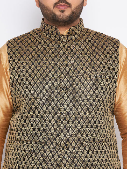 Men's Plus Size Black Ethnic Jacket With Rose Gold Silk Blend Kurta And Maroon Dhoti Set