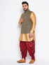 Men's Plus Size Black Ethnic Jacket With Rose Gold Silk Blend Kurta And Maroon Dhoti Set