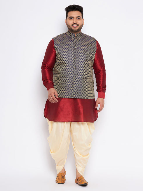 Men's Plus Size Navy Blue Woven Jacket With Maroon Kurta And Gold Dhoti Set