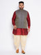 Men's Plus Size Navy Blue Woven Jacket With Maroon Kurta And Gold Dhoti Set