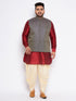 Men's Plus Size Navy Blue Woven Jacket With Maroon Kurta And Gold Dhoti Set