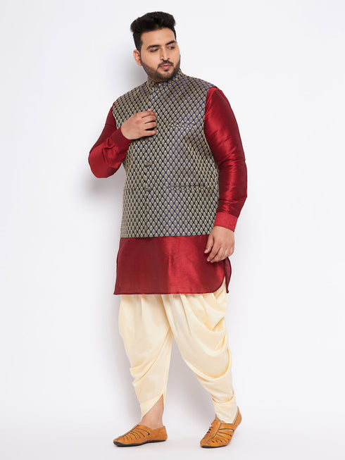 Men's Plus Size Navy Blue Woven Jacket With Maroon Kurta And Gold Dhoti Set