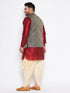 Men's Plus Size Navy Blue Woven Jacket With Maroon Kurta And Gold Dhoti Set