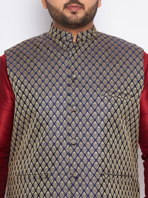 Men's Plus Size Navy Blue Woven Jacket With Maroon Kurta And Gold Dhoti Set