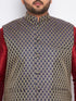 Men's Plus Size Navy Blue Woven Jacket With Maroon Kurta And Gold Dhoti Set